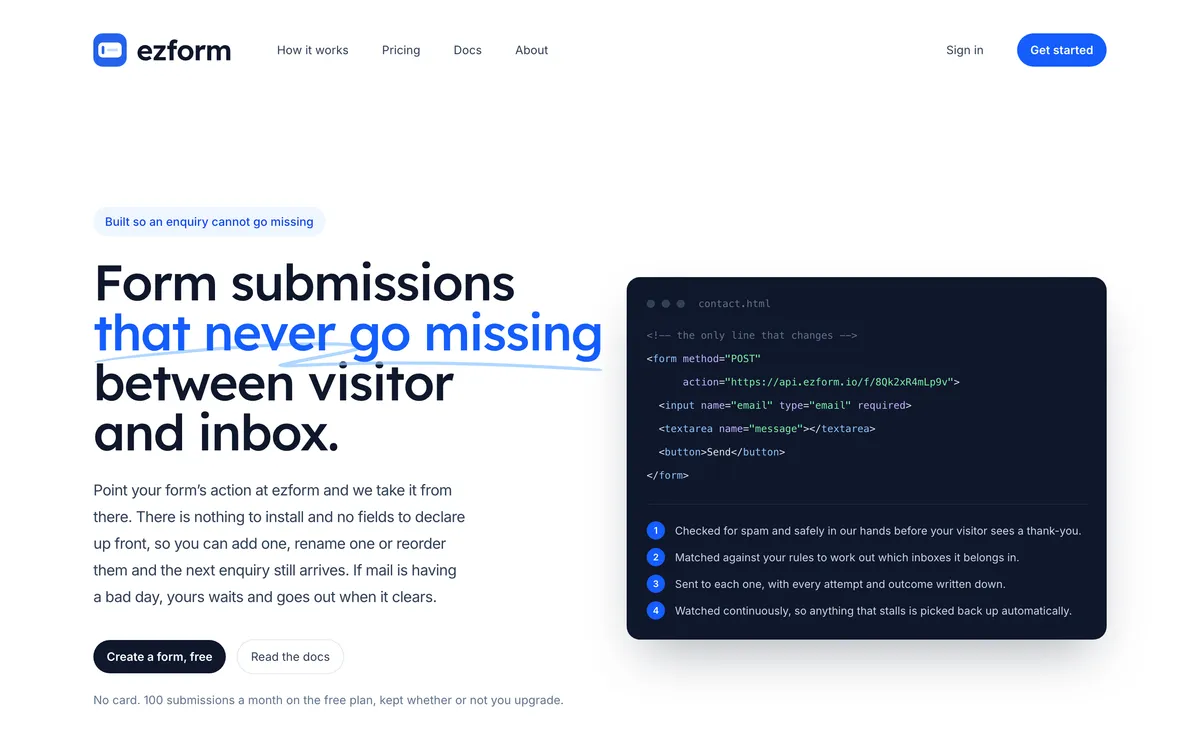 The ezform home page, with a contact form snippet beside the headline