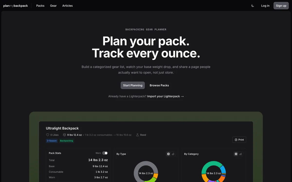 The planmybackpack home page, with a pack list preview below the headline