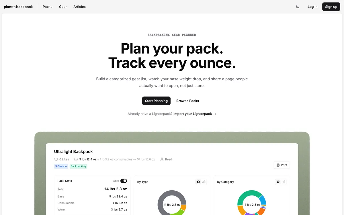 The planmybackpack home page, with a pack list preview below the headline